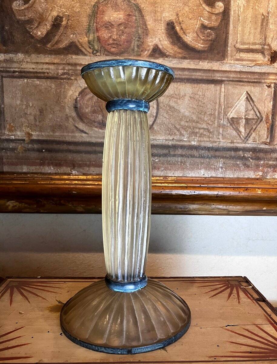 Art Deco Frosted Acrylic and Verdigris Brass Pricket Candleholder
