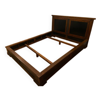 Lit 2 places en bois massif artisanal et sa superbe tête de lit / table de