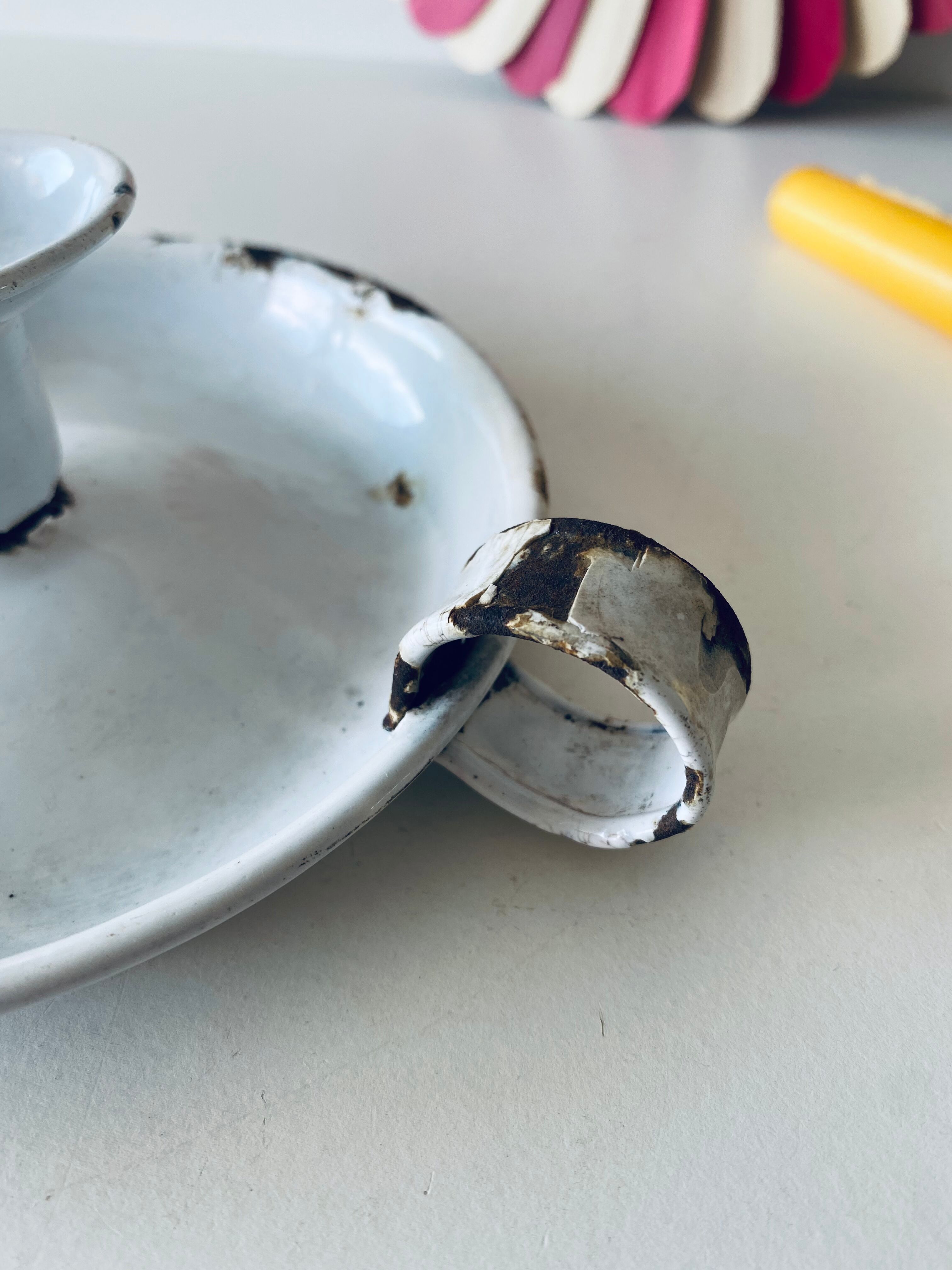 White enamelled candle holder
