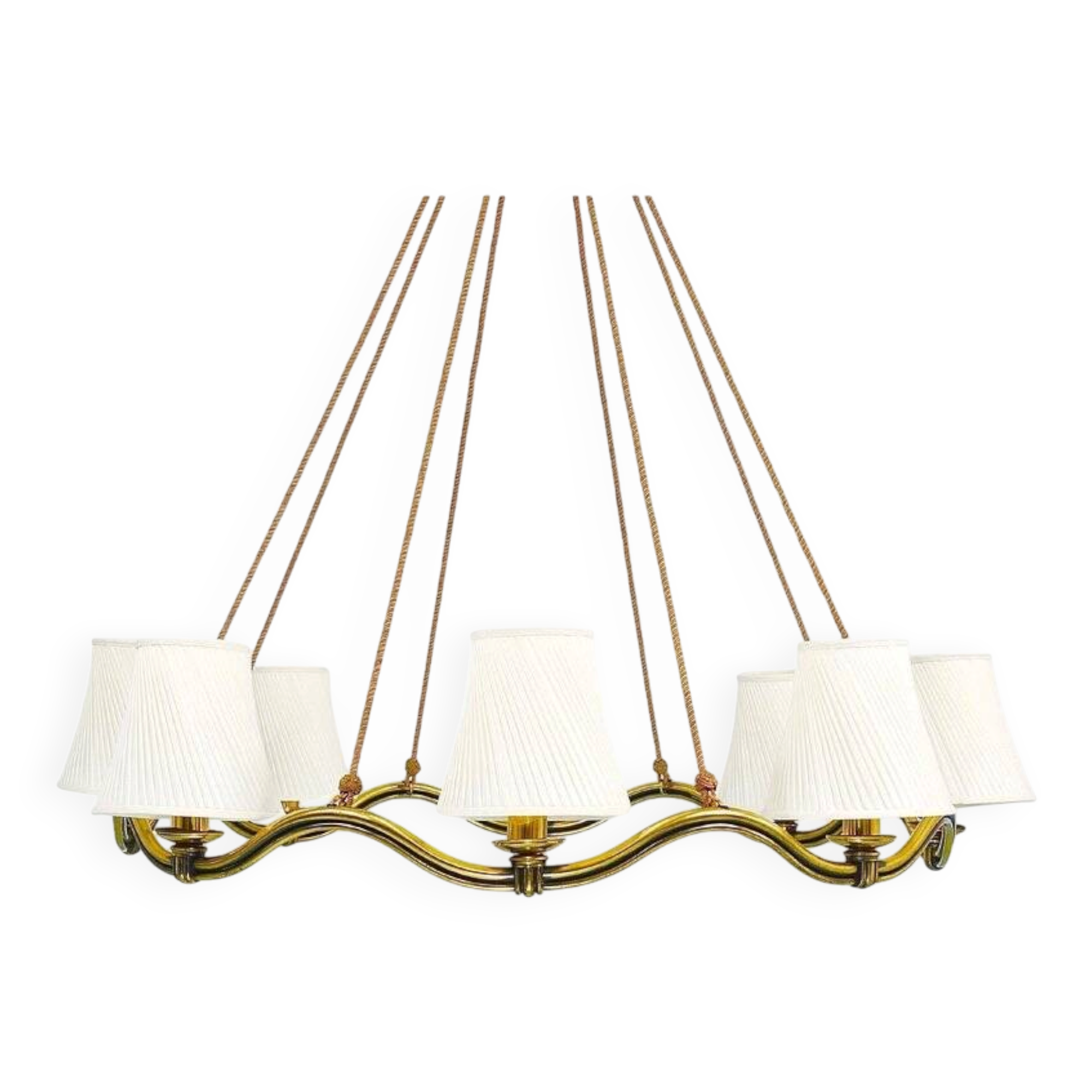 Large Viennese Modernism curved brass wave chandelier by Hugo Gorge, 1940s
