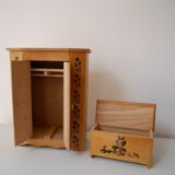 Wooden doll furniture, wardrobe and chest