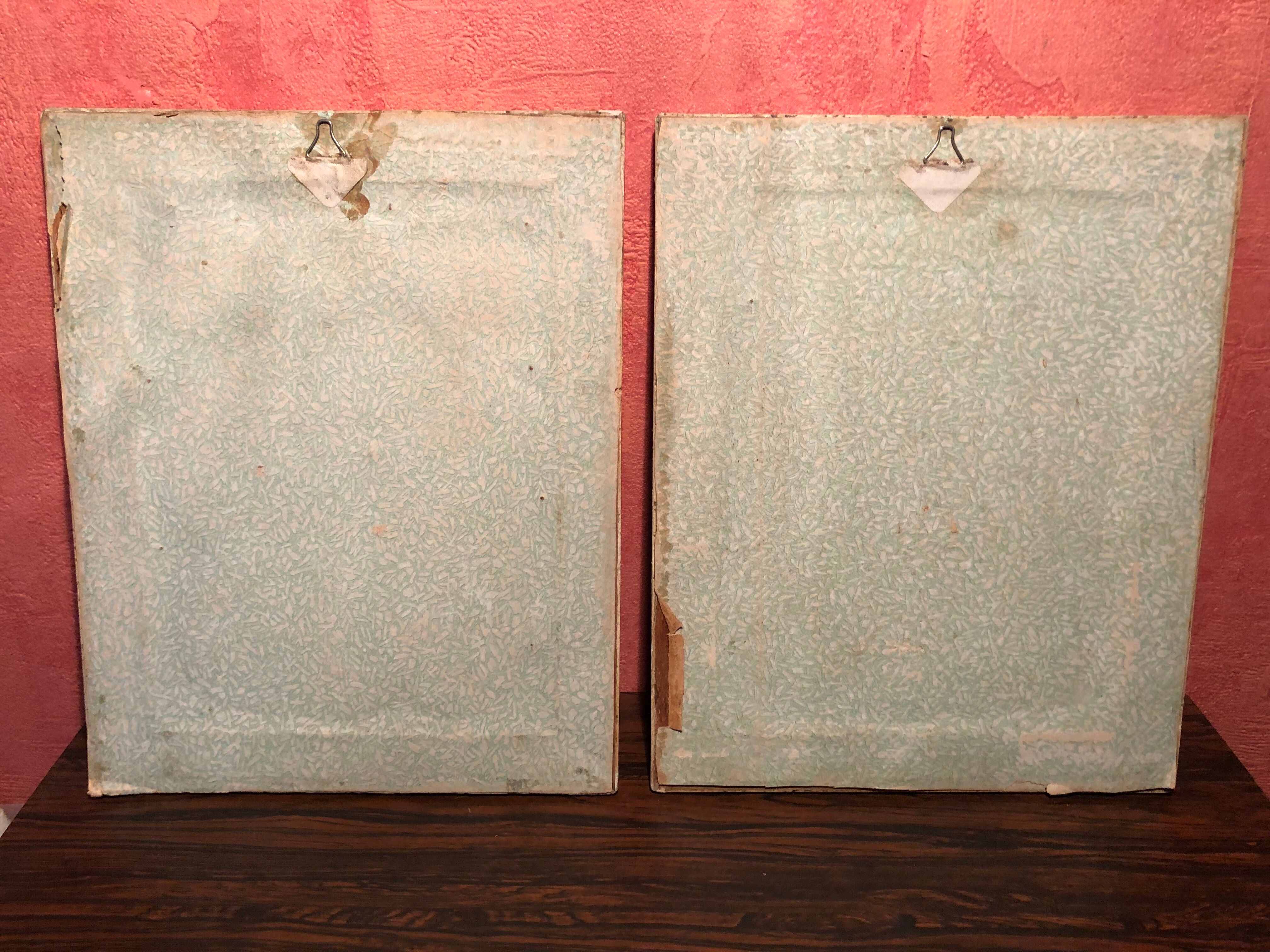 Pair Old Fashion Engraving Color + Frame Wood Vintage Cream