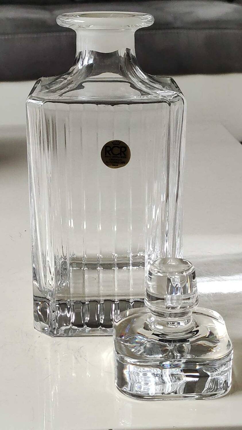 RCR/Royal Crystal Rock Square Whisky/Liqueur Decanter, Italy. Crystal. Diamond-striped/pointed patterns. Capacity 75 cl