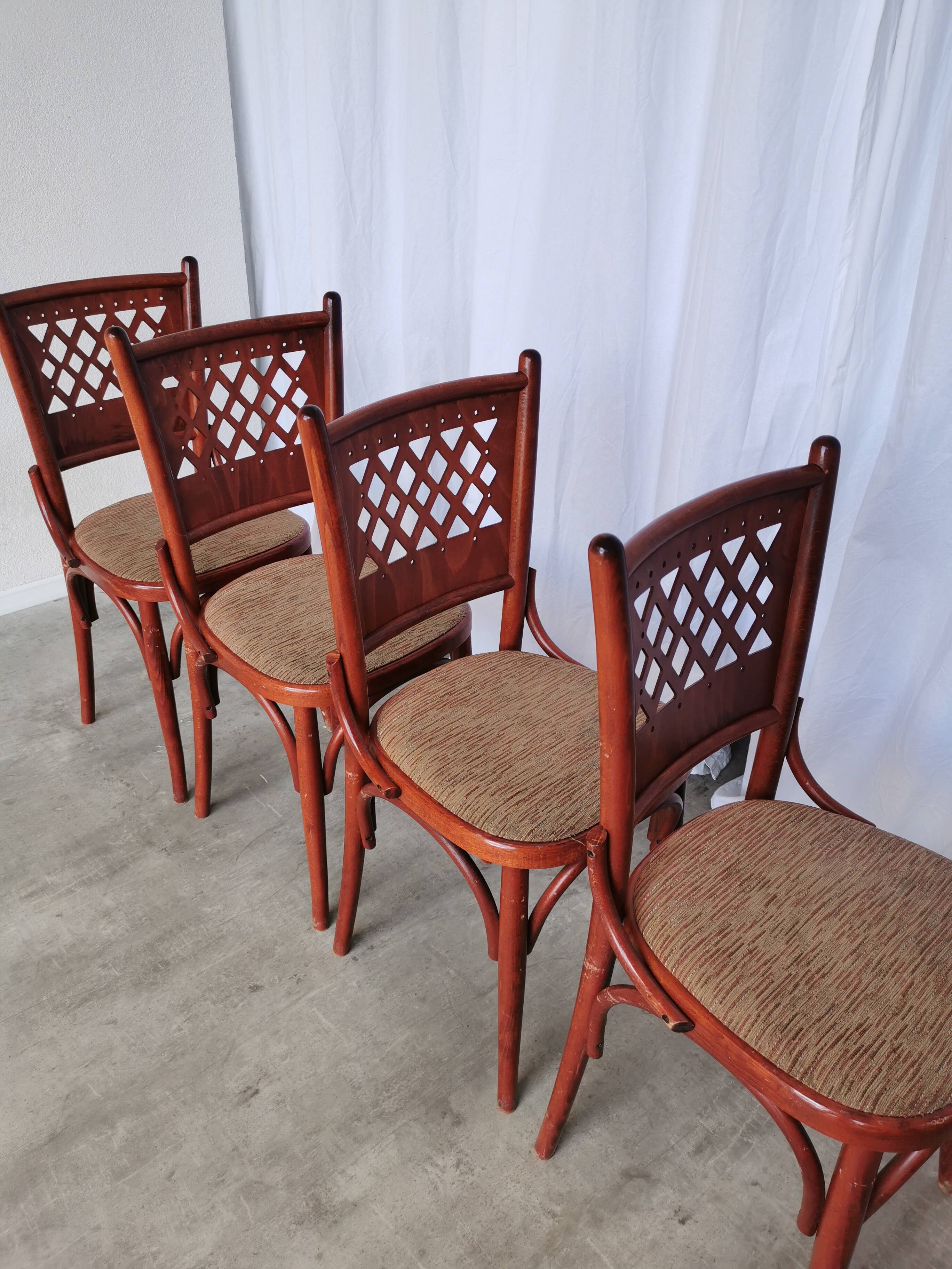 Vintage Italian Bistro Chairs - 1980s Reddish Wood, Brown Fabric - Set of 4