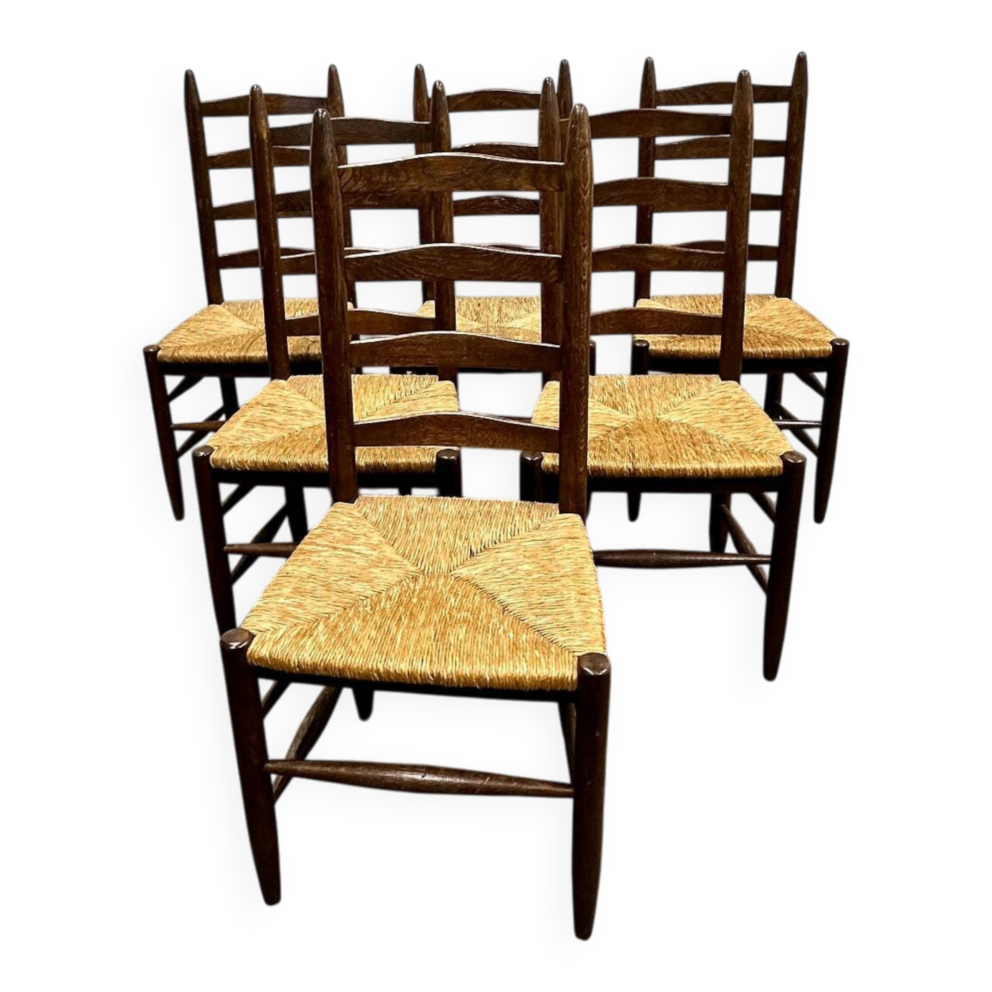 Set of 6 French primitive oak dining chairs