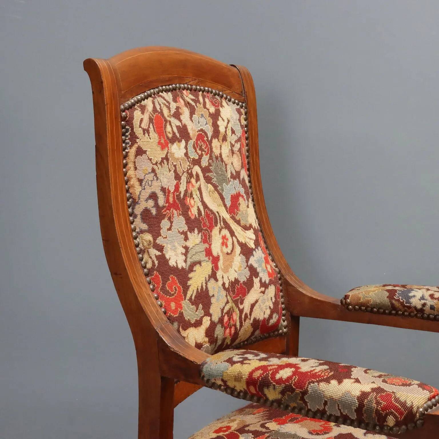 Antique walnut, maple, and fabric armchairs, Italy, late 19th century.
