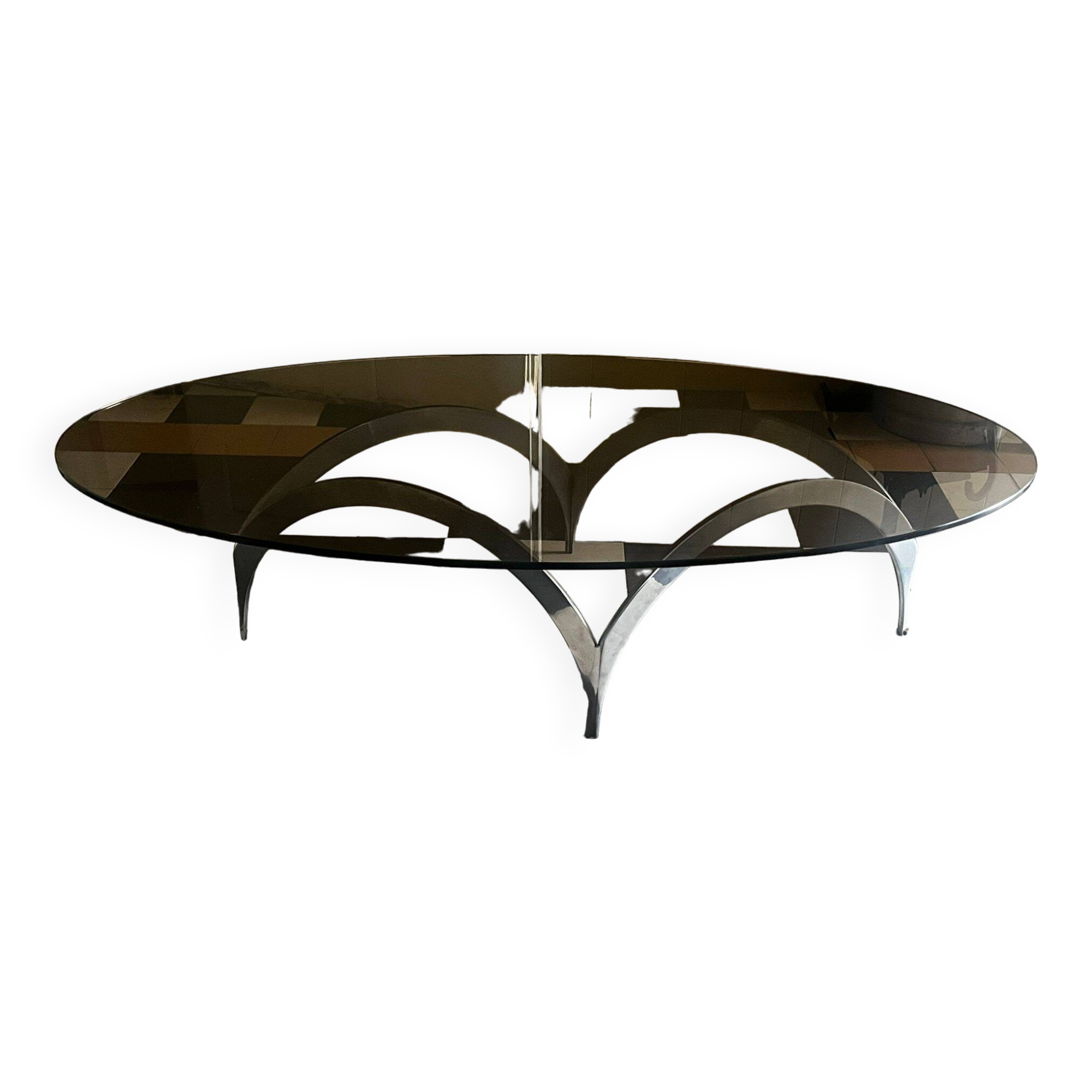 coffee table with metal legs and smoked glass top