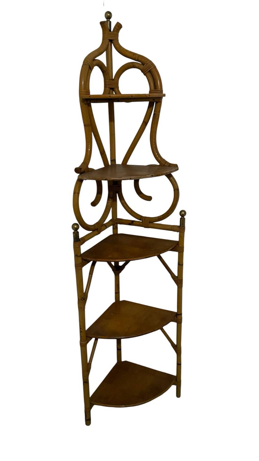 Magnificent 1960s French rattan corner shelf.