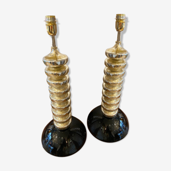 Pair of Murano glass lamps / Golden rings and black base - Brothers Toso