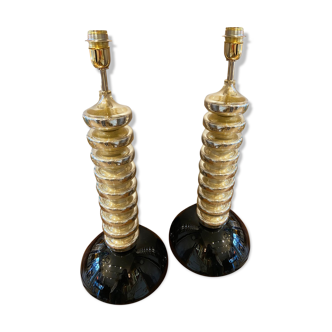 Pair of Murano glass lamps / Golden rings and black base - Brothers Toso