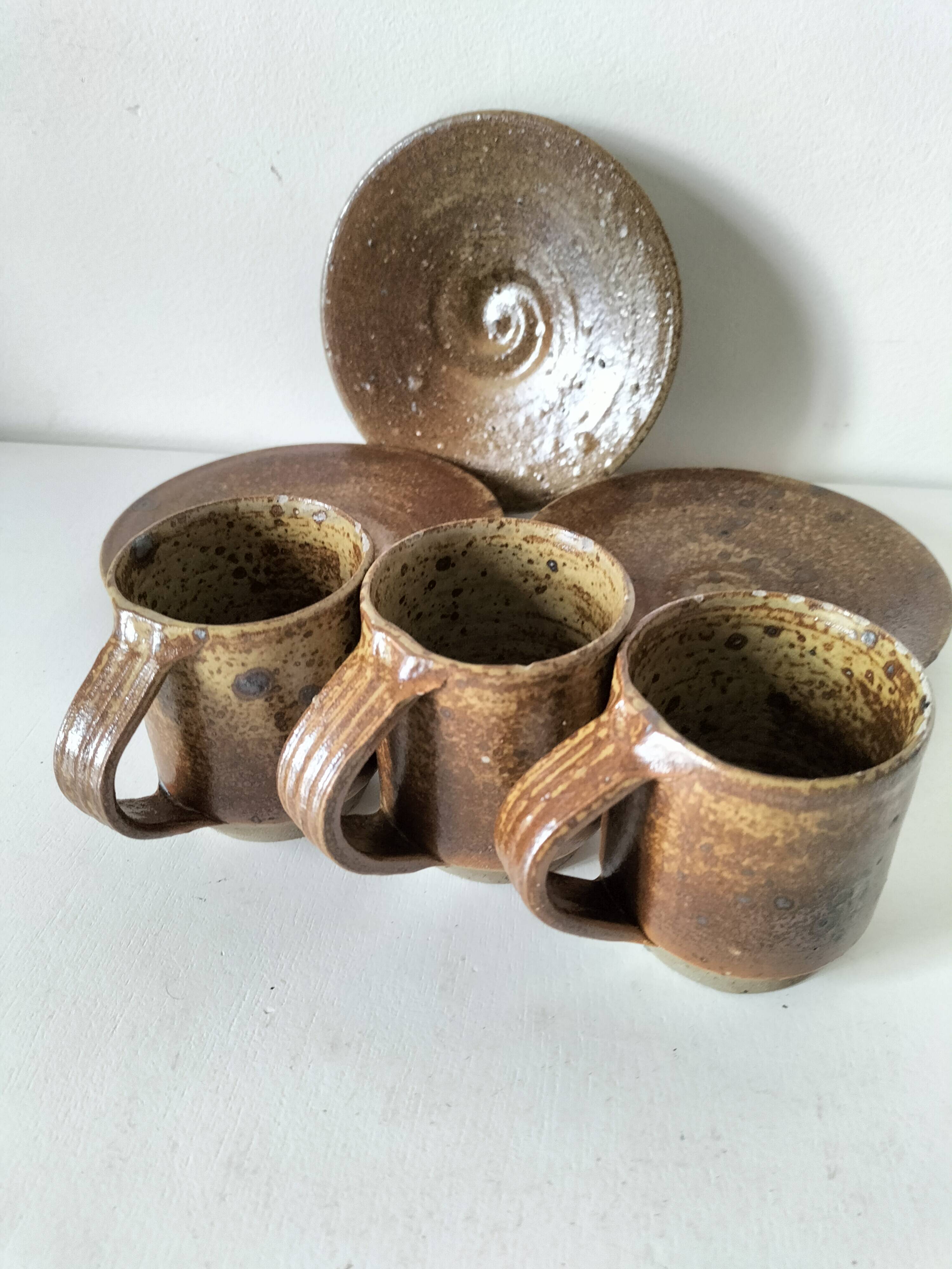Set of three cups and saucers in pyrite stoneware - Charles Gaudry, Puisaye