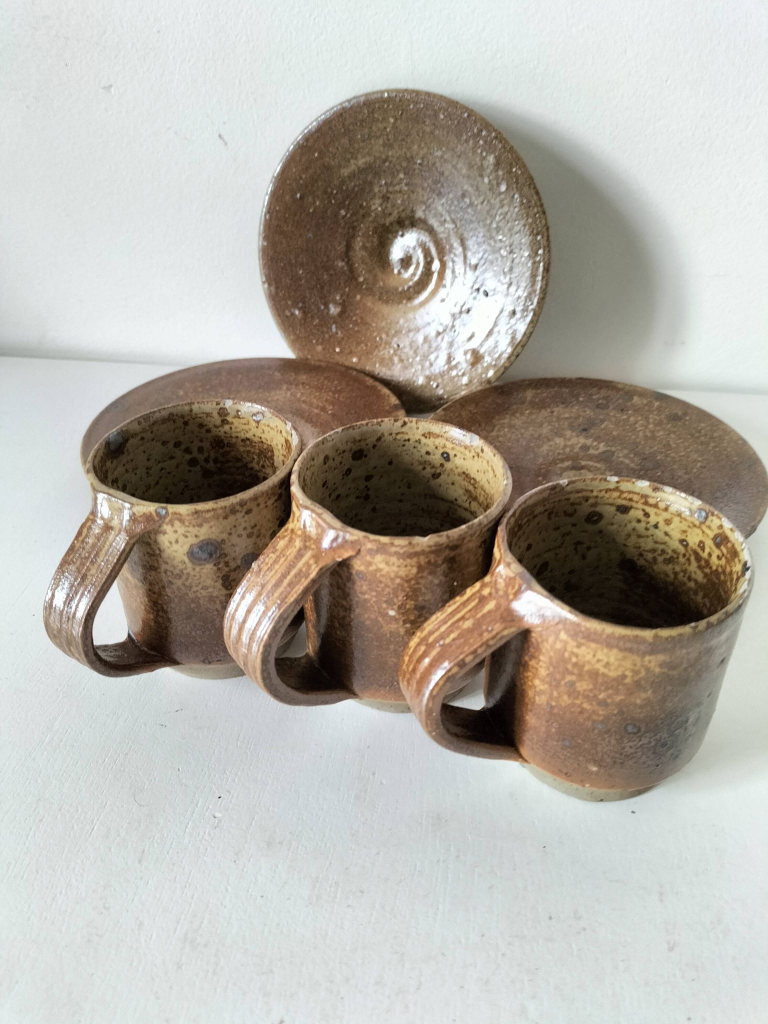 Trio de tasses et soucoupes en grès pyrité - Charles Gaudry, Puisaye