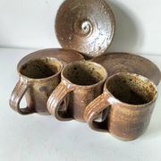 Trio de tasses et soucoupes en grès pyrité - Charles Gaudry, Puisaye