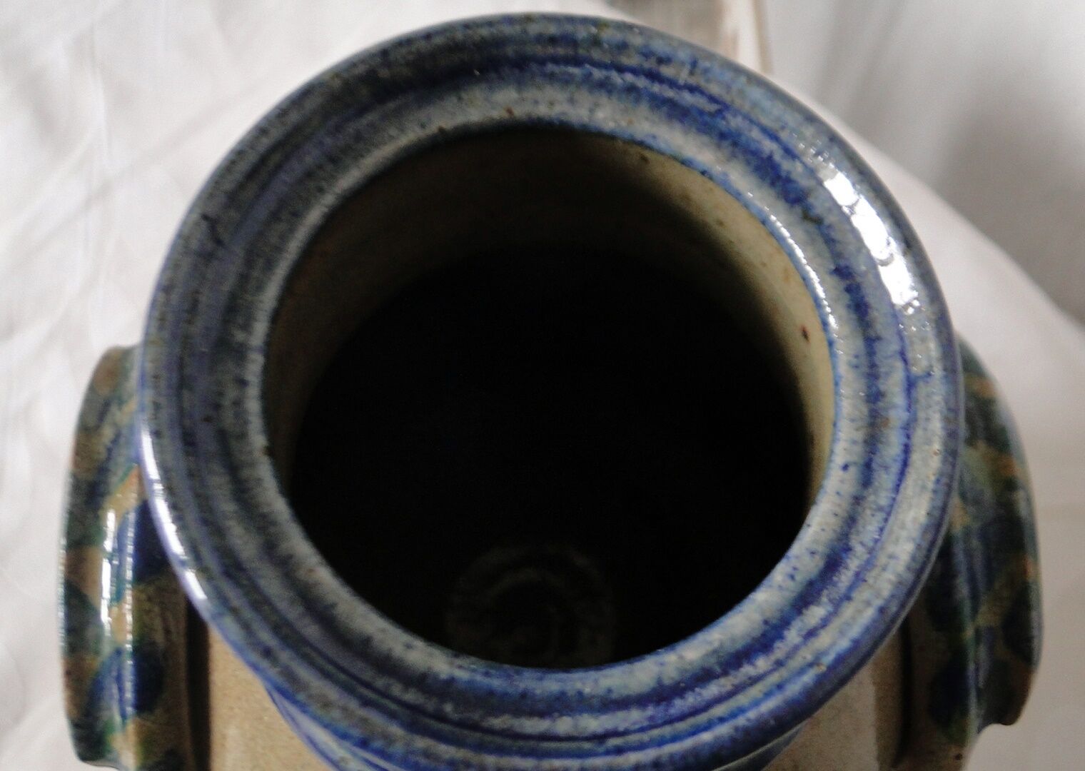 Old belly vinegar in beige and blue enamelled gres