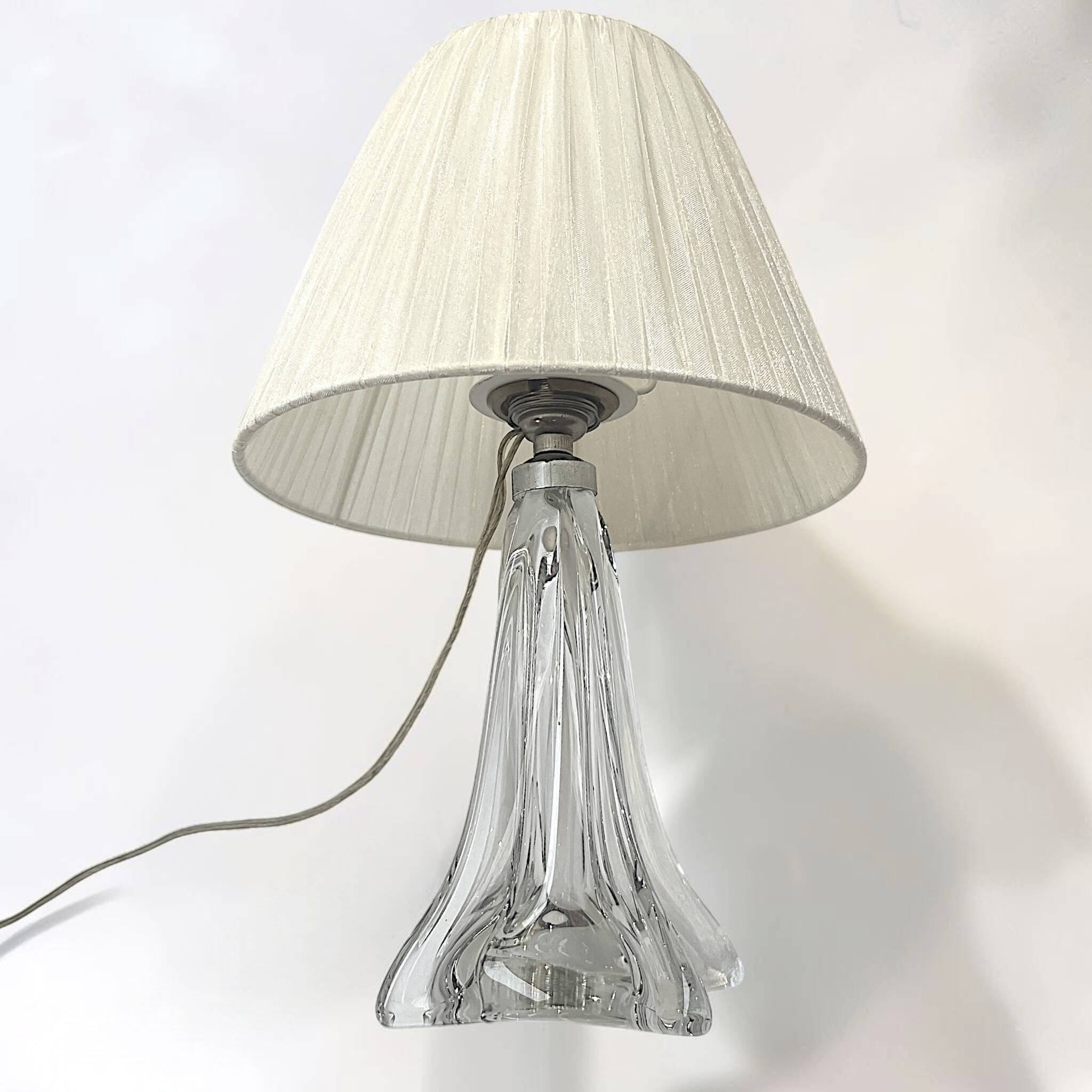 vintage crystal lamp base from the 1960s with a white ribbon shade