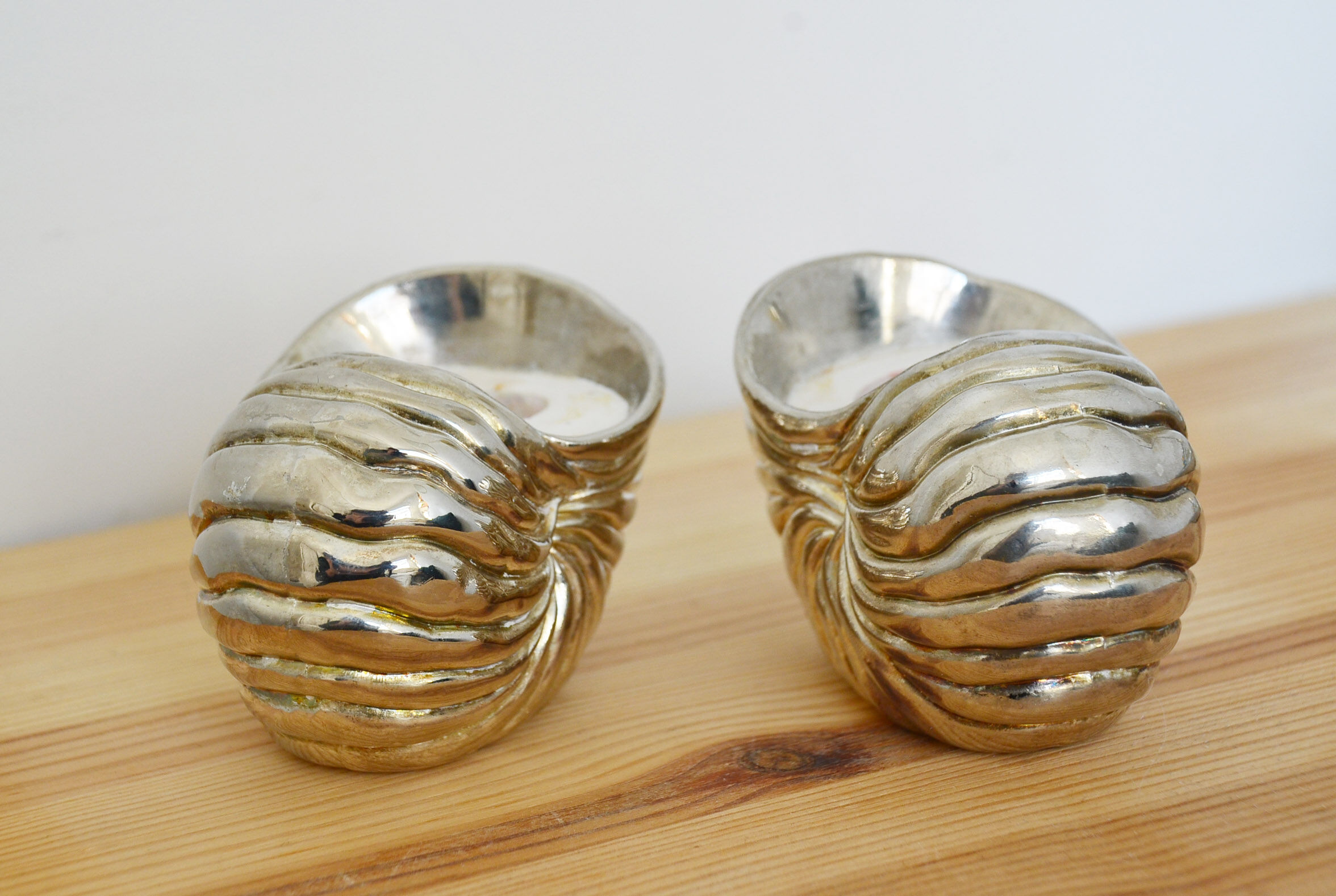 Pair of silver metal seashell candlesticks 60