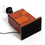 Italian 60s table lamp made of wood and leather with paper straw lampshade