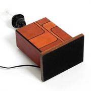 Italian 60s table lamp made of wood and leather with paper straw lampshade