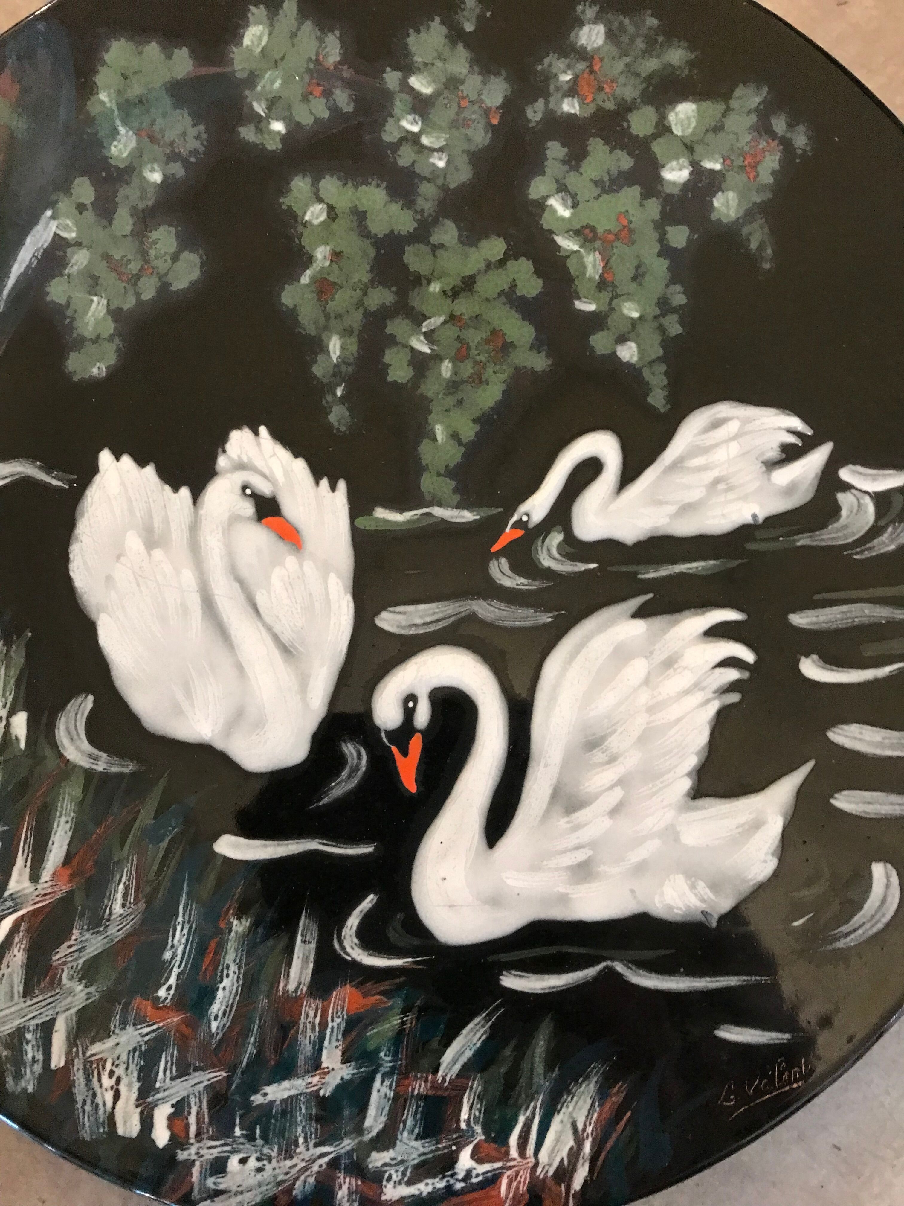 Dish faience de longwy signs l. valenti decor of authentic swans 60s