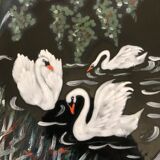 Dish faience de longwy signs l. valenti decor of authentic swans 60s