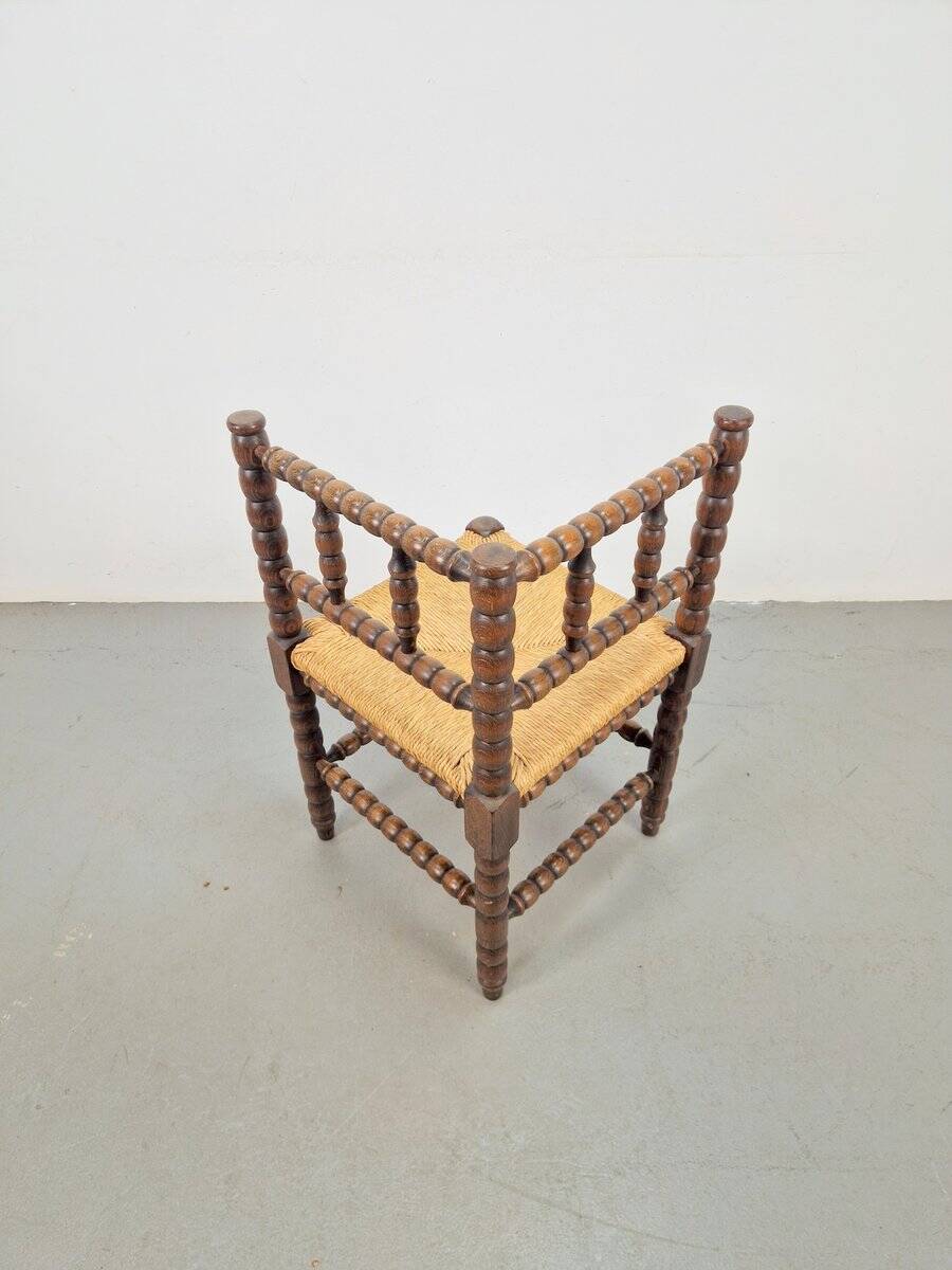 Mid-Century Modern Arts and Craft Style Bobbin Corner Chair in Oak with Rush Seat, 1950s