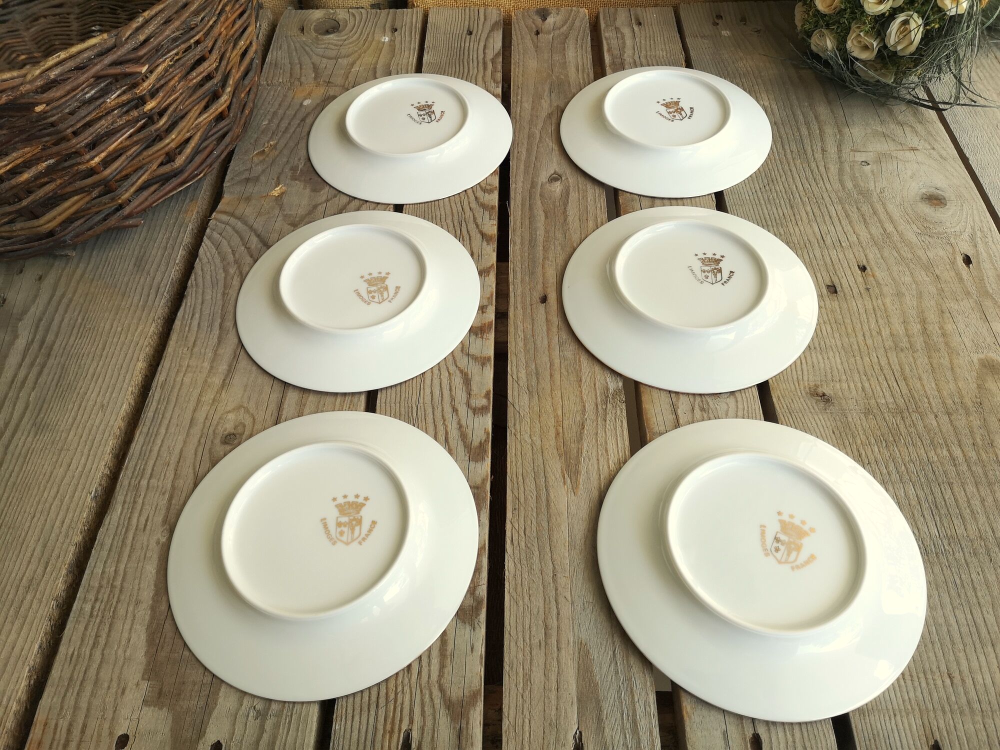 6 small plates signed Limoges France with nenuphar decor and golden border