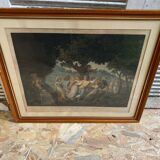 Ancienne gravure a. chaponnier la danse de village paris + cadre bois #b543