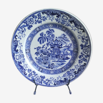 Ancien plat Creil et Montereau décor chinois bleu Terre de Fer