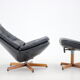 Madsen and Schubell Black Leather Reclining Chair and Stool, Denmark 1960