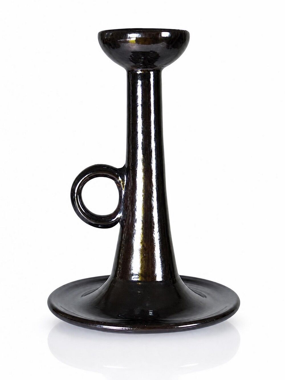 Grand bougeoir Biot en terre vernissée noire, ancien pied de lampe, années 60