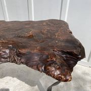 Brutalist coffee table in solid elm and wrought iron, ram's horn legs.