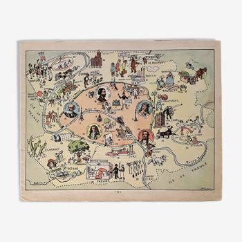 Old poster illustrated map of Paris 1945 - JP Pinchon