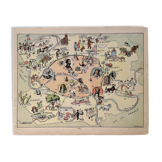 Old poster illustrated map of Paris 1945 - JP Pinchon