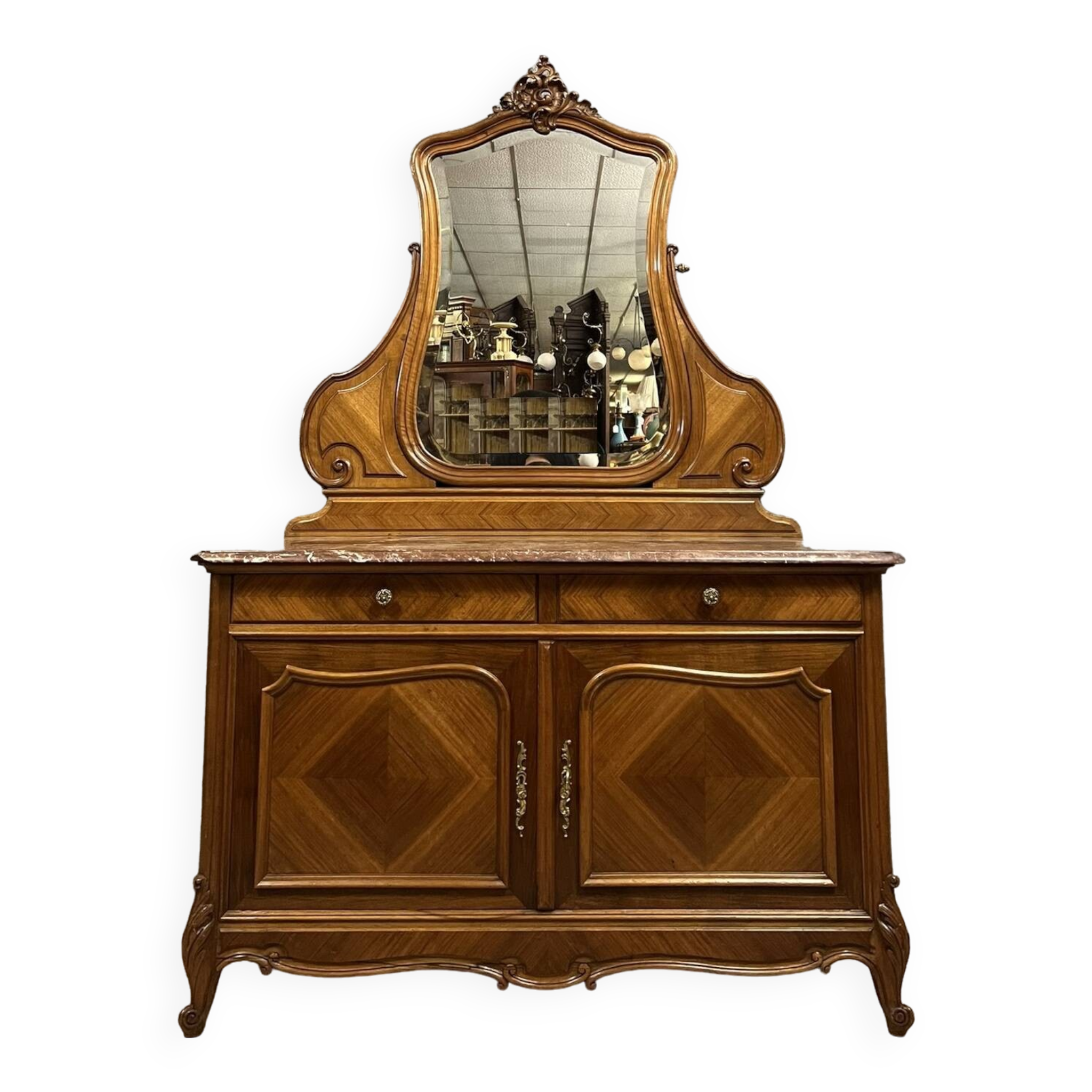 Superb Louis XV style chest of drawers with psyche doors in walnut marquetry circa 1880