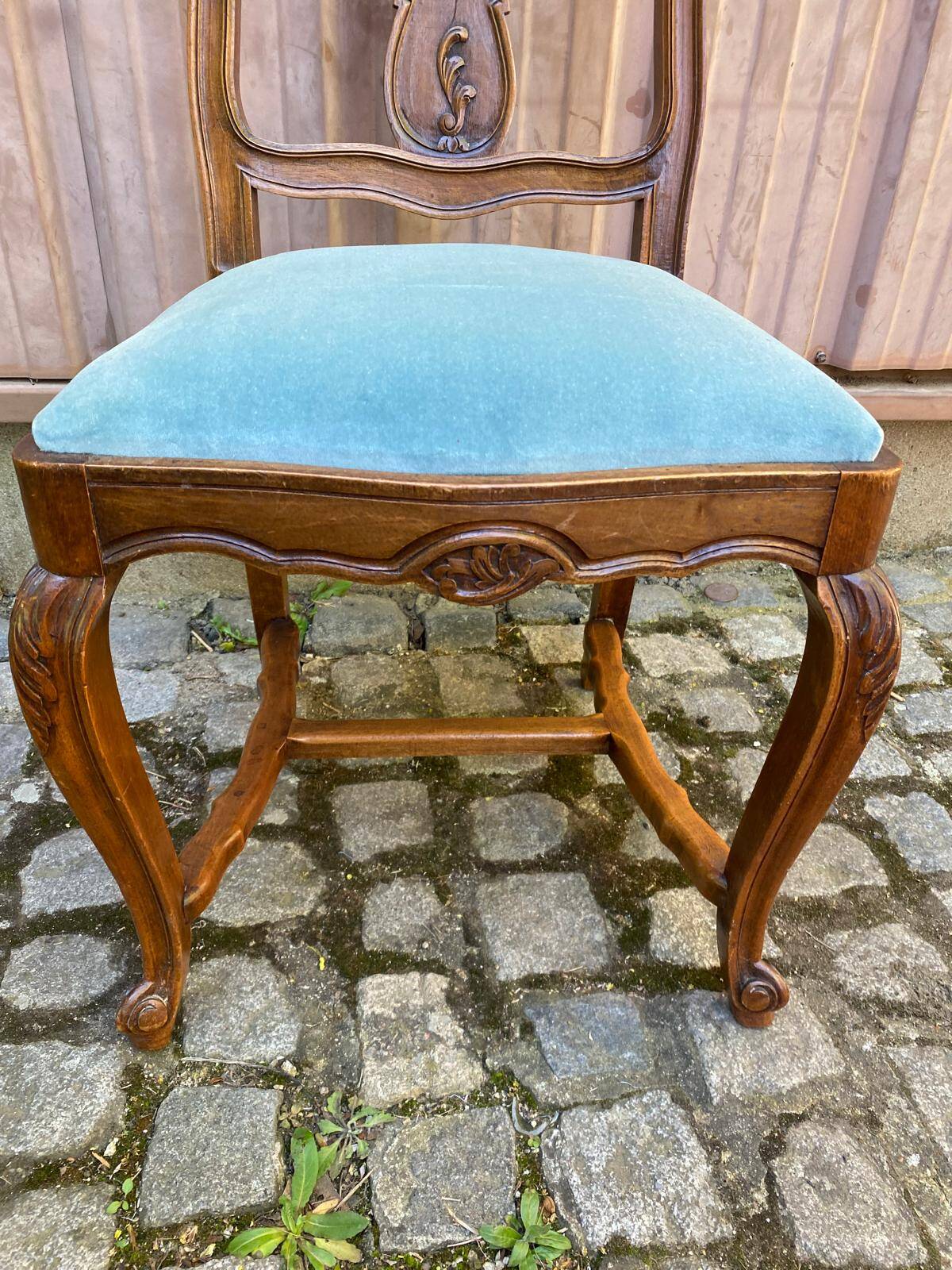 Vintage Louis XV chair made of carved solid wood with blue velvet fabric.