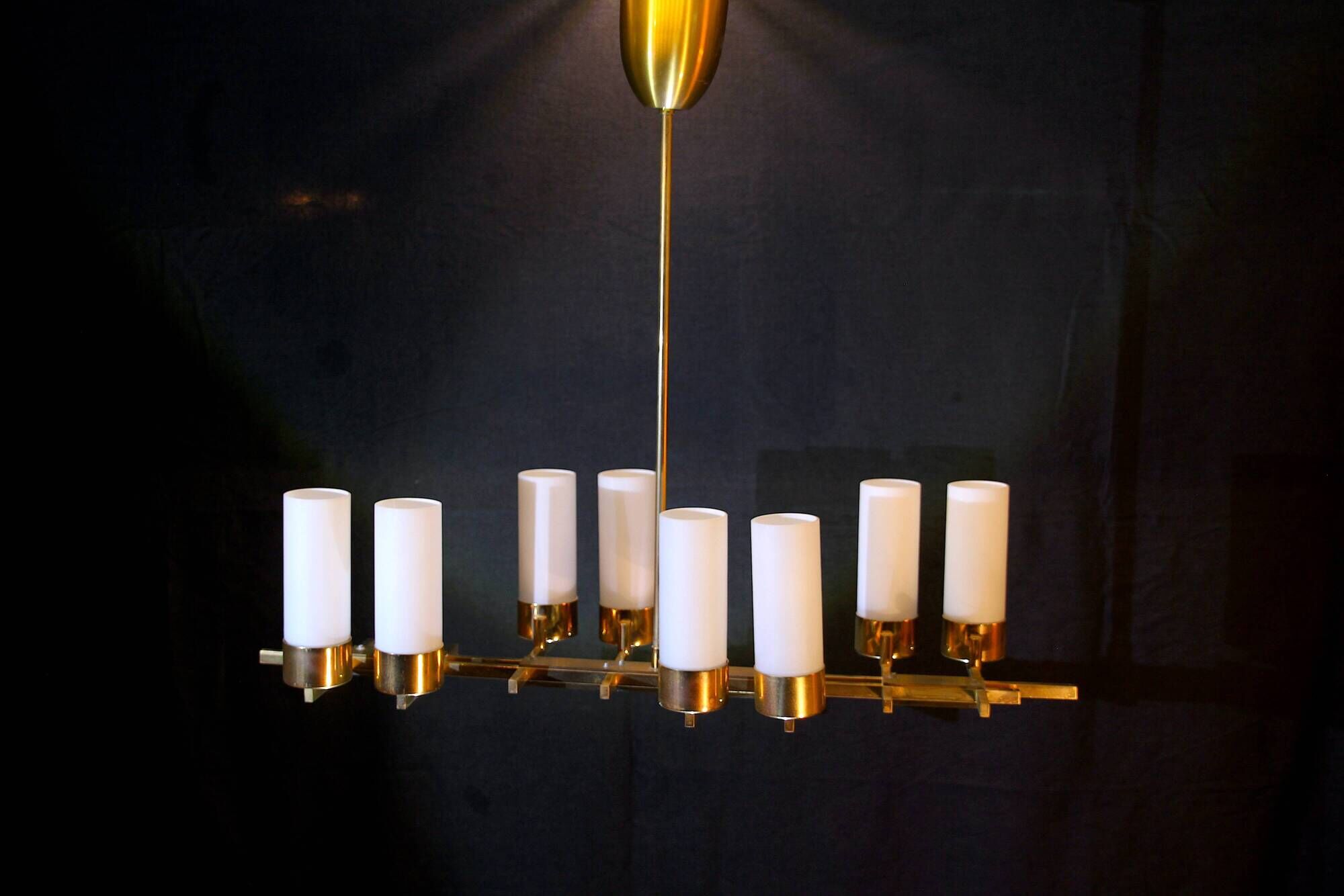 Mid-century, brass chandelier, height opalines, france