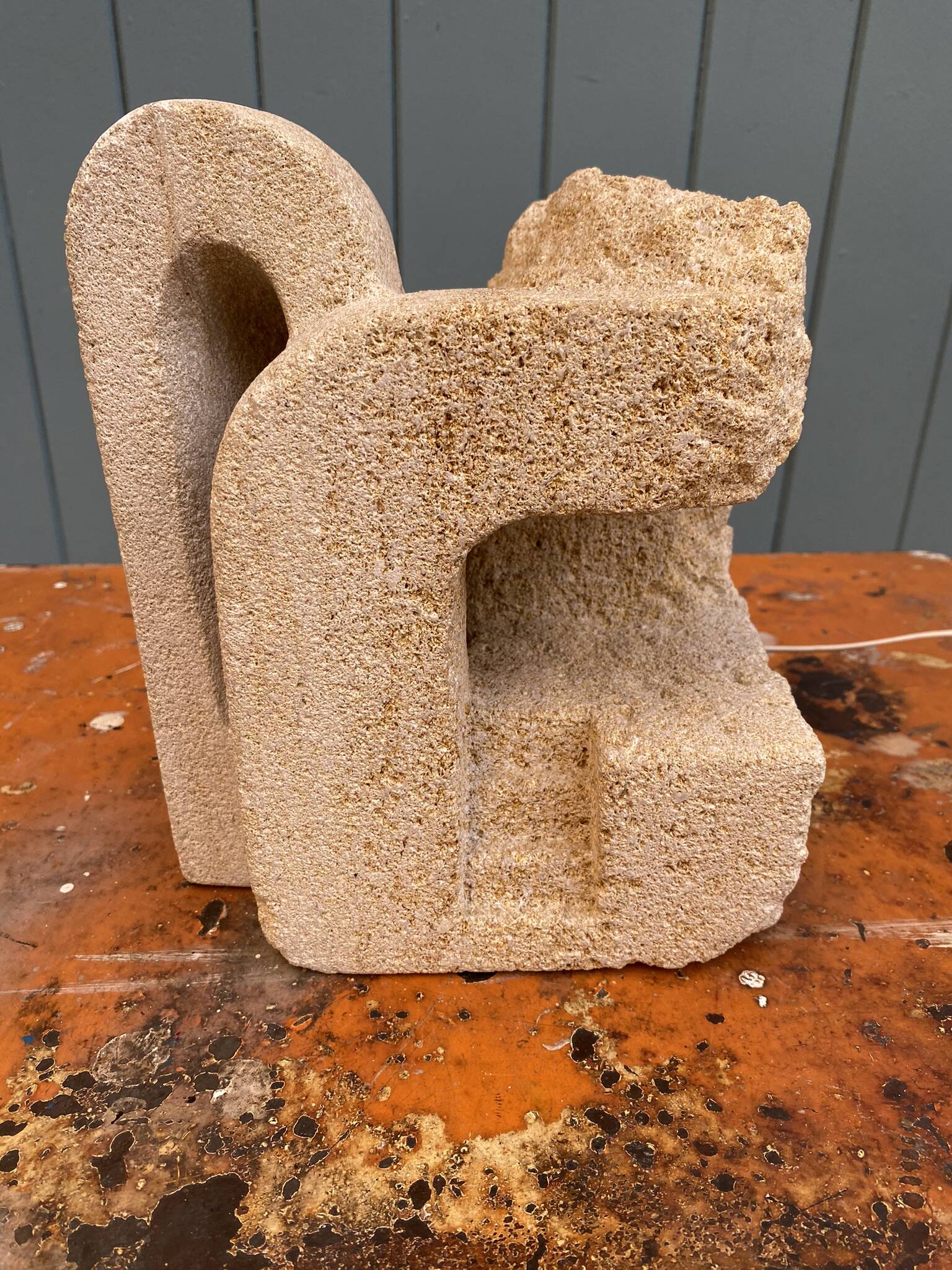 Brutalist limestone lamp signed AC Masson 1970