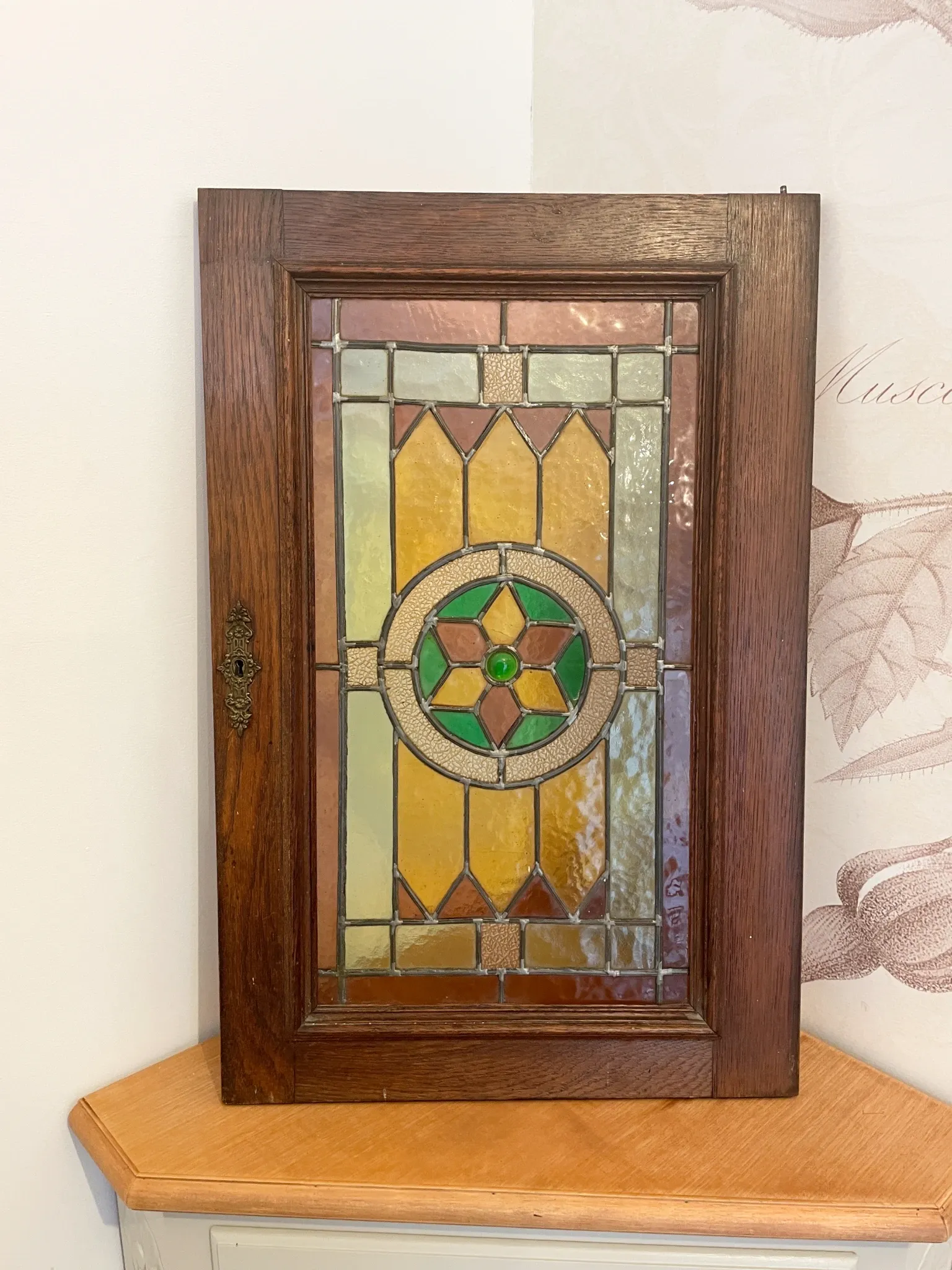 Rare - antique wooden furniture door with art nouveau stained glass