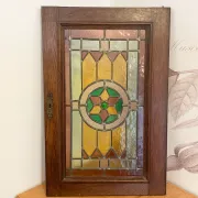 Rare - antique wooden furniture door with art nouveau stained glass