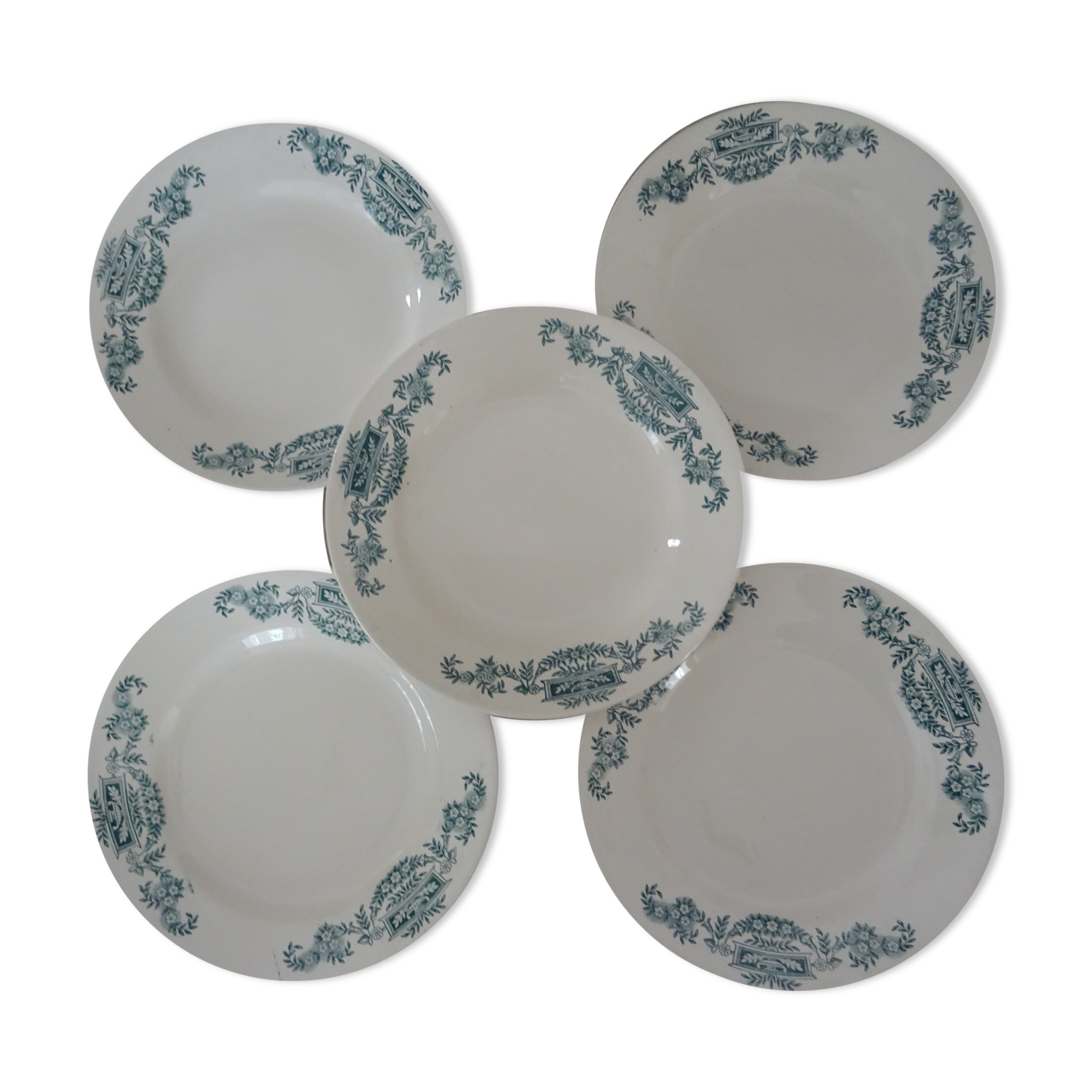 5 Plates flat Longchamp Lutèce faience old laurel green iron earth