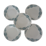 5 Plates flat Longchamp Lutèce faience old laurel green iron earth