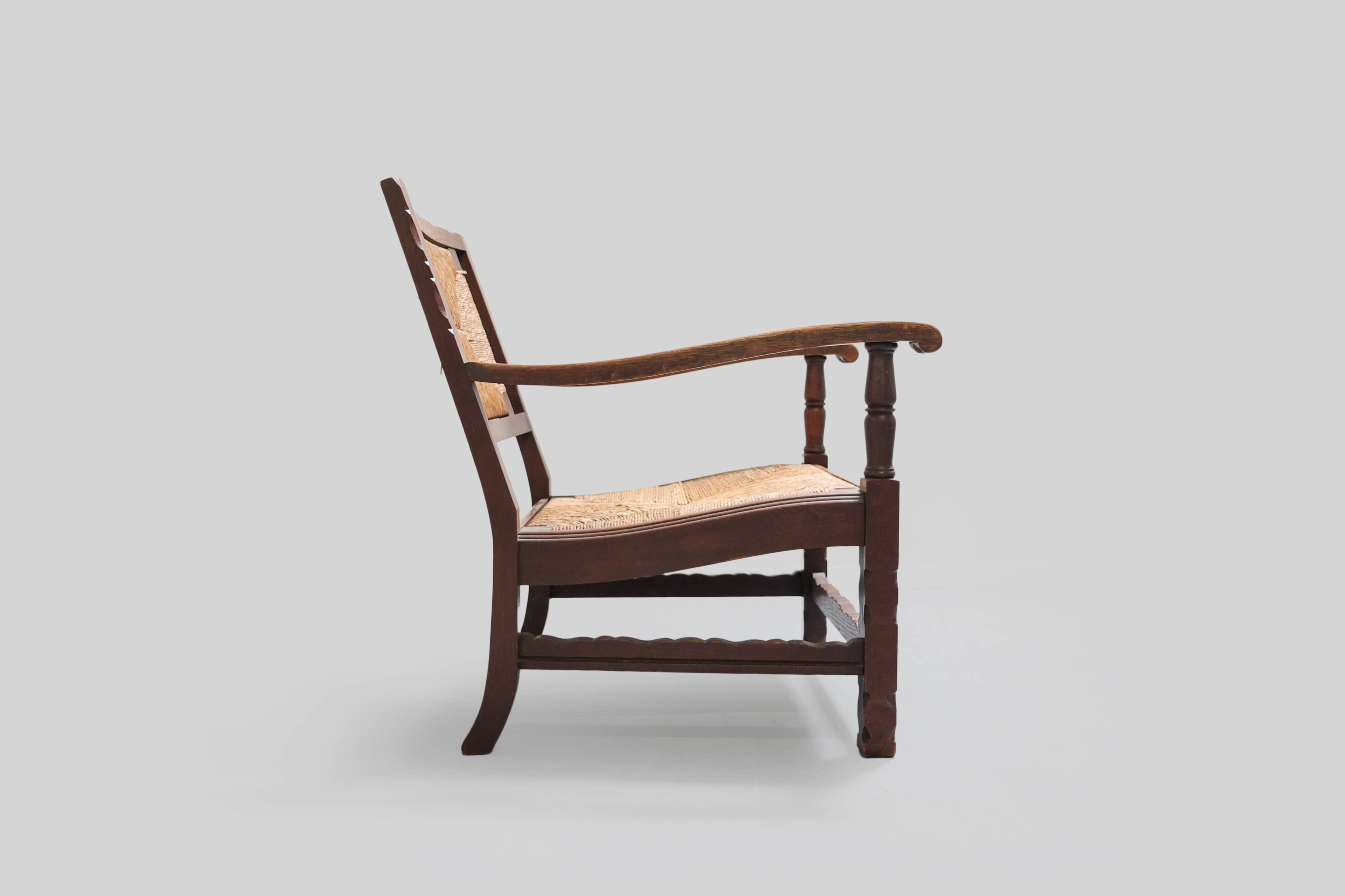 Mid-century rustic wooden armchairs with woven seat and back