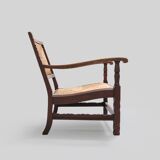 Mid-century rustic wooden armchairs with woven seat and back