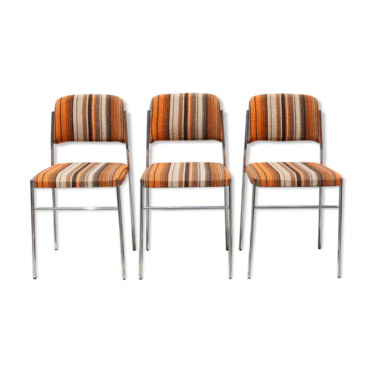 Lot 3 chairs vintage fabric, chrome metal chair, orange/brown/beige wool fabric, retro