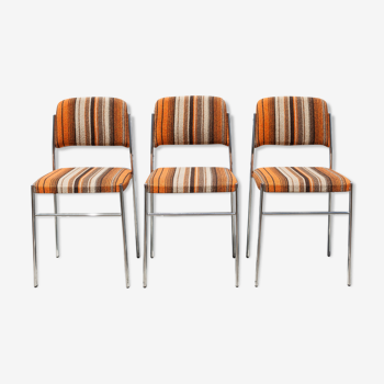 Lot 3 chairs vintage fabric, chrome metal chair, orange/brown/beige wool fabric, retro