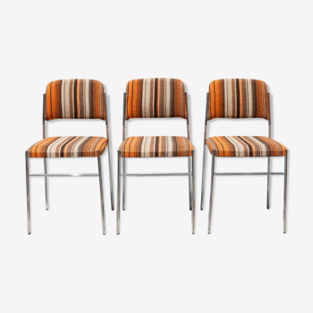 Lot 3 chaises tissu vintage, chaise métal chromé, tissu laine orange/marron/beige, rétro