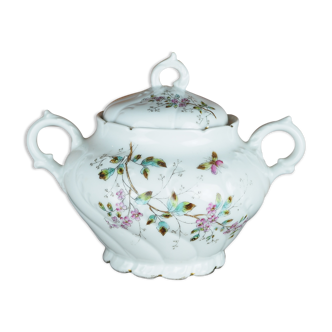Sugar pot decorated with flowery branch and butterfly - Porcelain of Vierzon, Alfred Hache - late 19th century