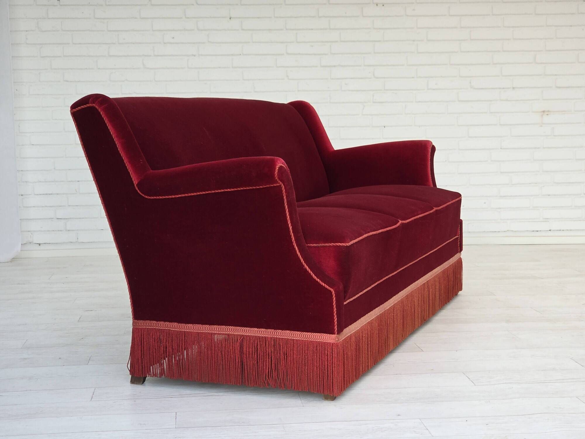 1960s, Danish 3-seater sofa, cherry-red furniture velour, ash wood.