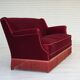1960s, Danish 3-seater sofa, cherry-red furniture velour, ash wood.