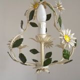 French Vintage 3 Light Daisy Flower Metal Cage Chandelier